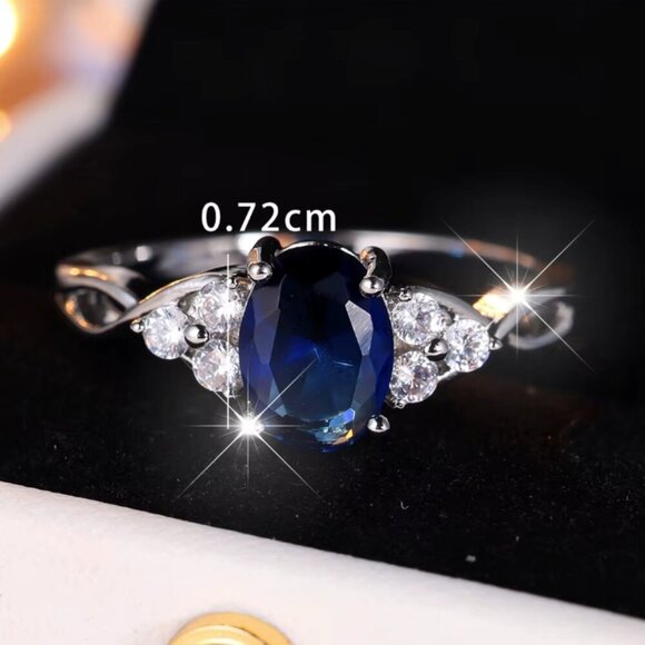 14k White Gold Blue Sapphire Diamond Ring Oval Cut - Picture 6 of 6
